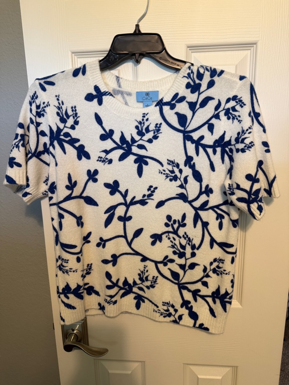 CeCe Cream Sweater with Navy Floral Vine Print